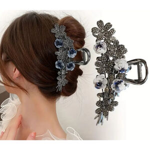Floral Hair Claw Clip Silver and Blue